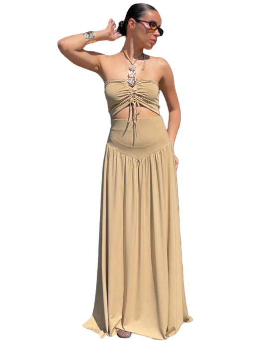 Completo King Kong in Viscosa con Dettaglio Gioiello – Top e Gonna Lunga Beige