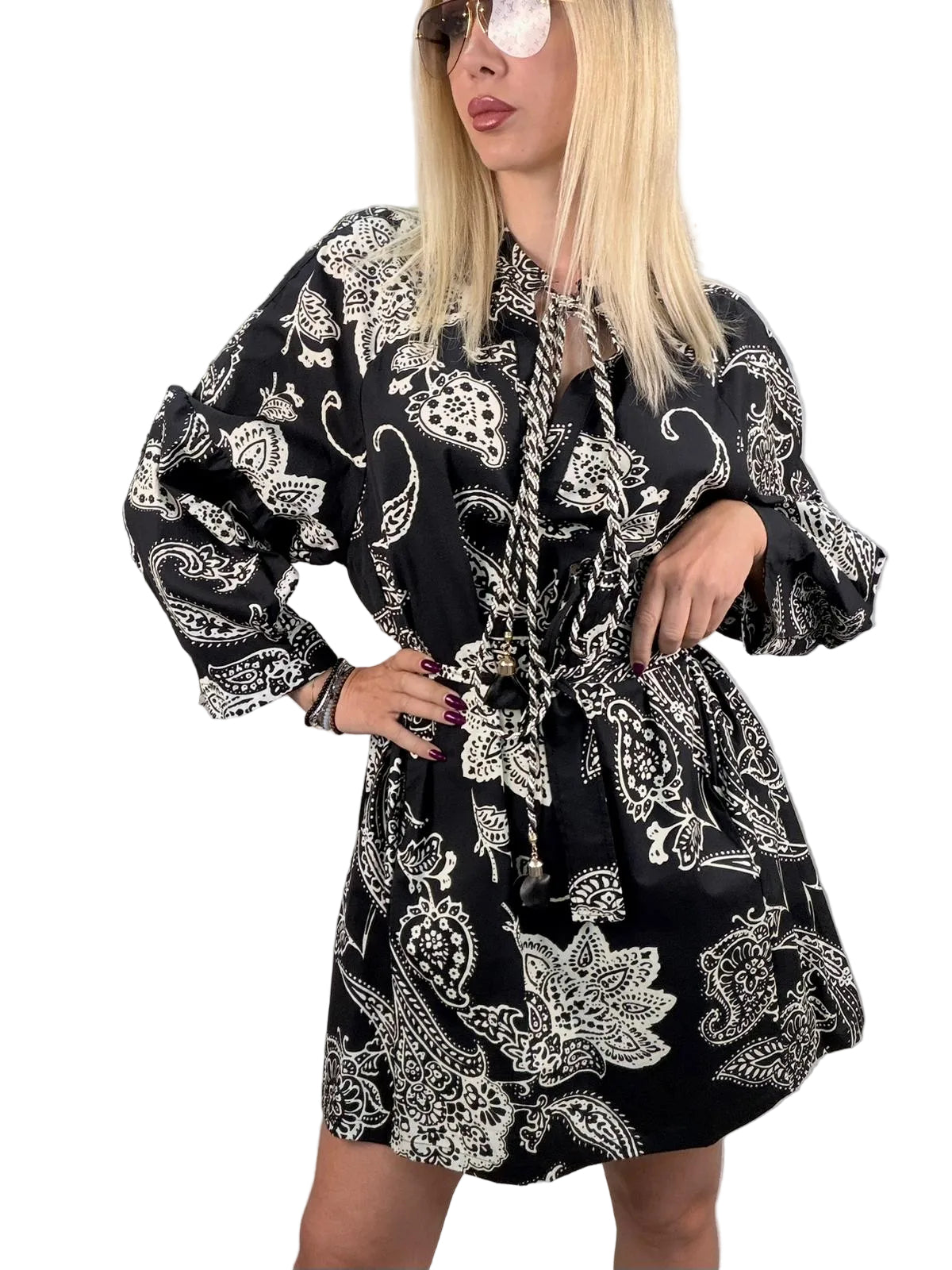 Abito Corto in Cotone Fantasia Paisley - Nero/Panna | VICOLO