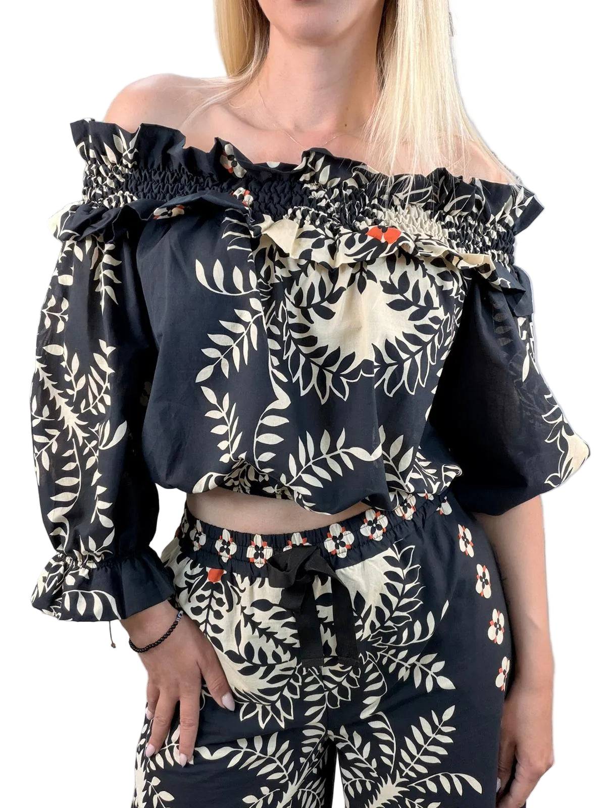 Blusa Vicolo Off-Shoulder in 100% Cotone - Burro/Nero
