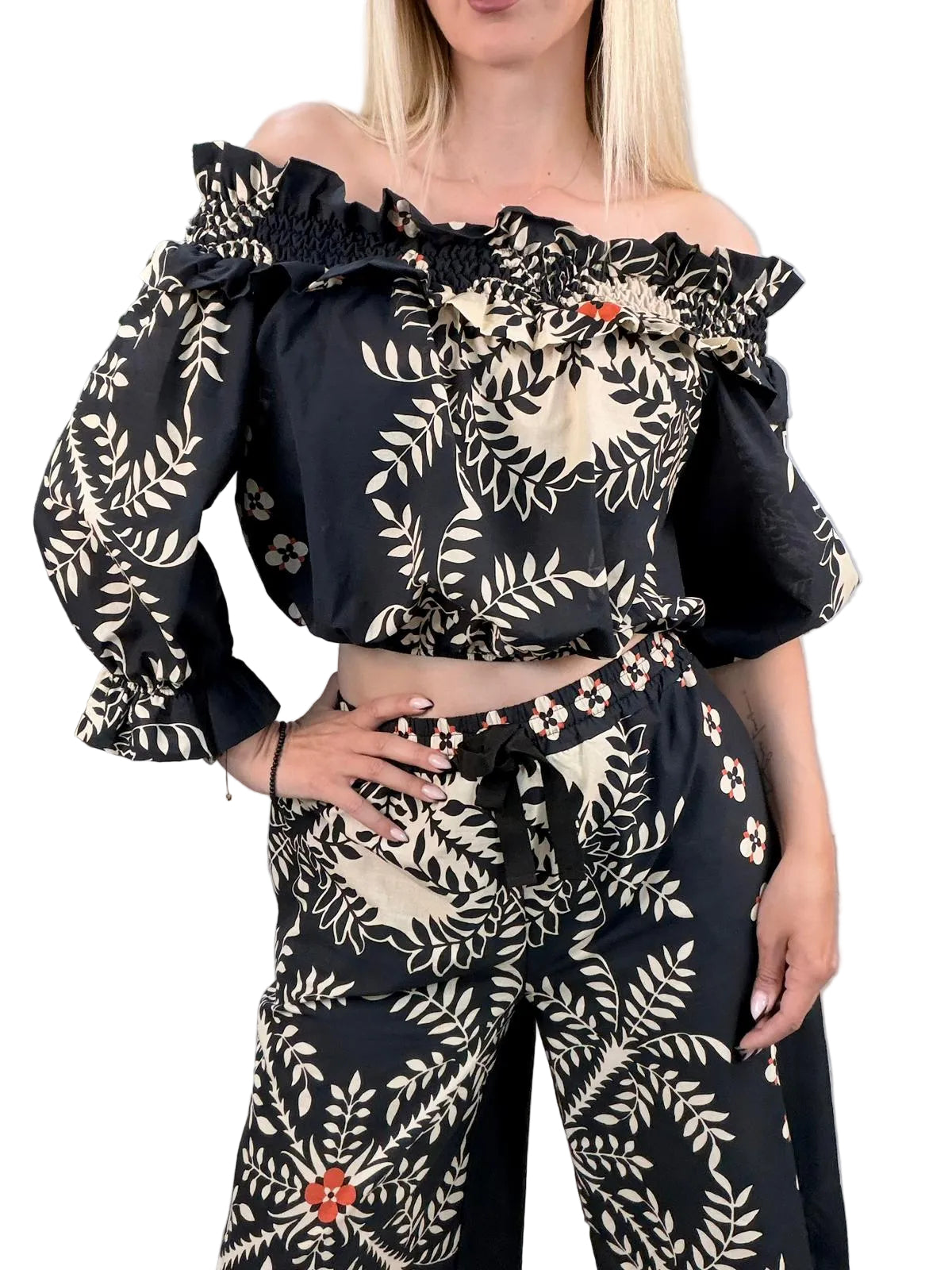 Blusa Vicolo Off-Shoulder in 100% Cotone - Burro/Nero