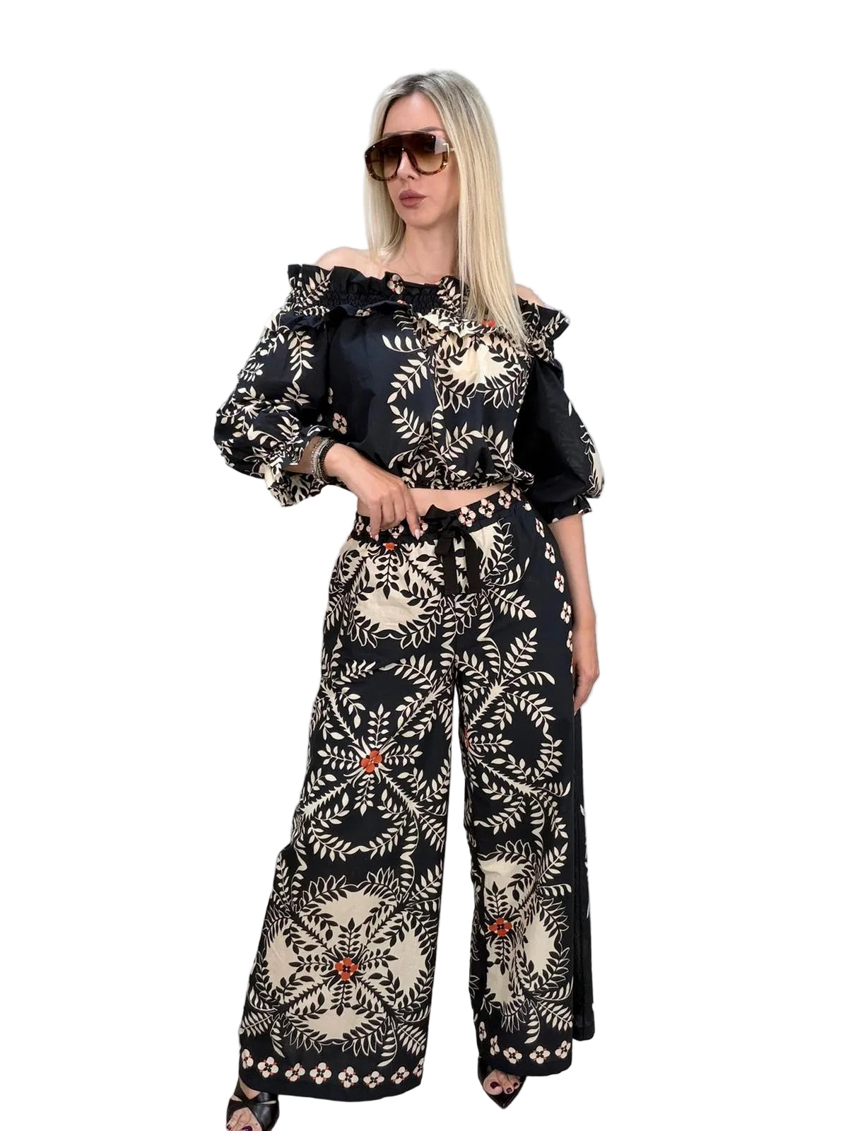 Pantalone Vicolo Wide Leg in 100% Cotone - Burro/Nero