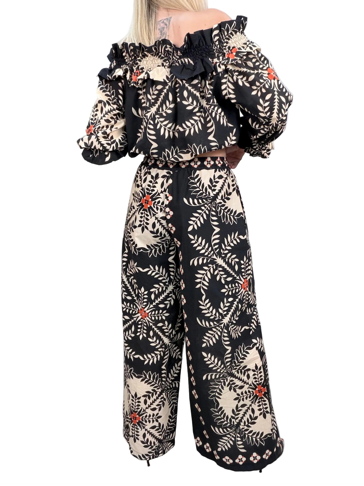 Pantalone Vicolo Wide Leg in 100% Cotone - Burro/Nero