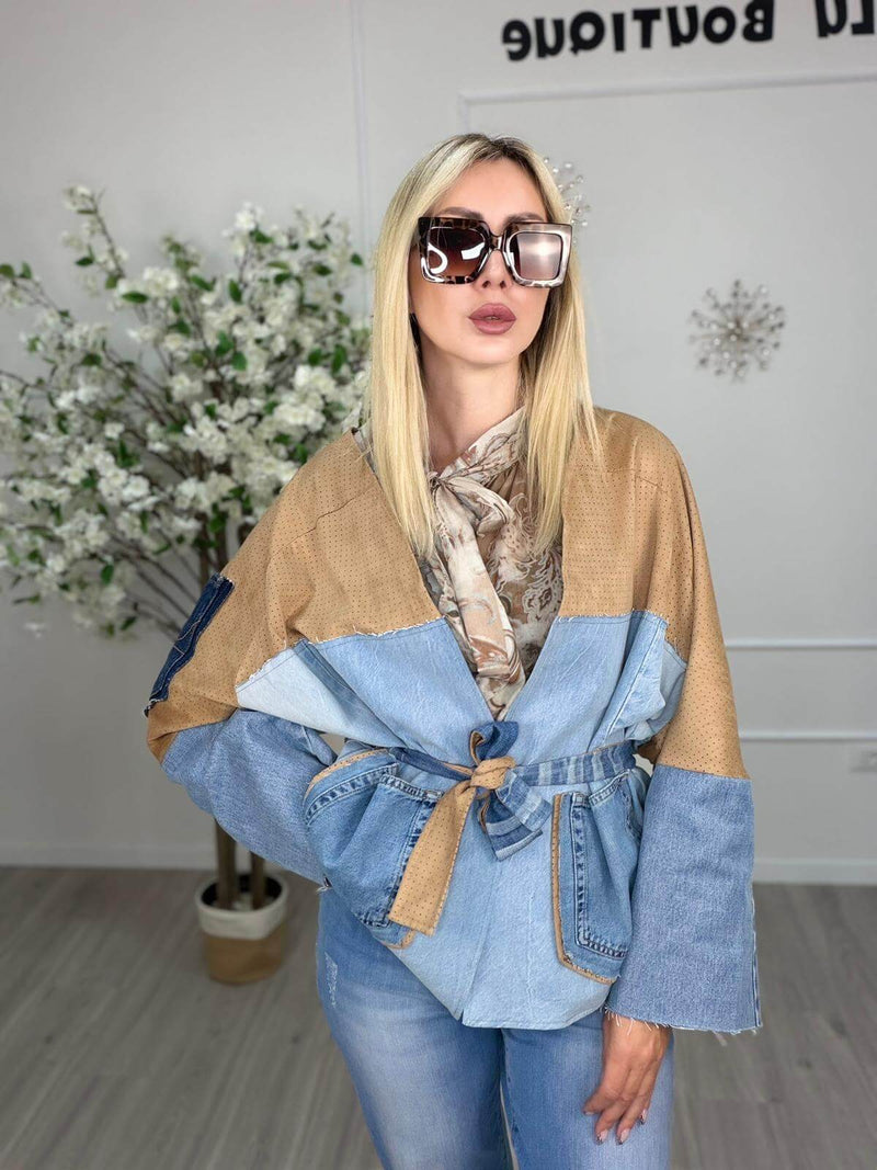 Susy Mix Giacca Sciallata Vintage Donna Denim e Cammello