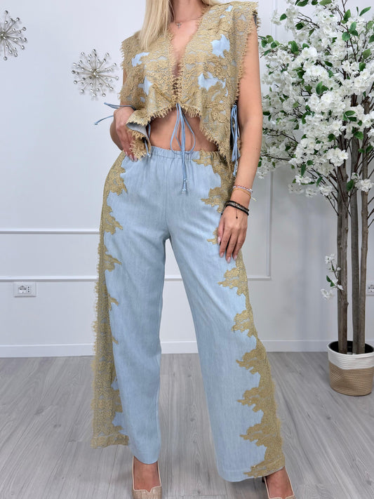 Philia Loft Pantalone Donna Denim con Inserti in Pizzo