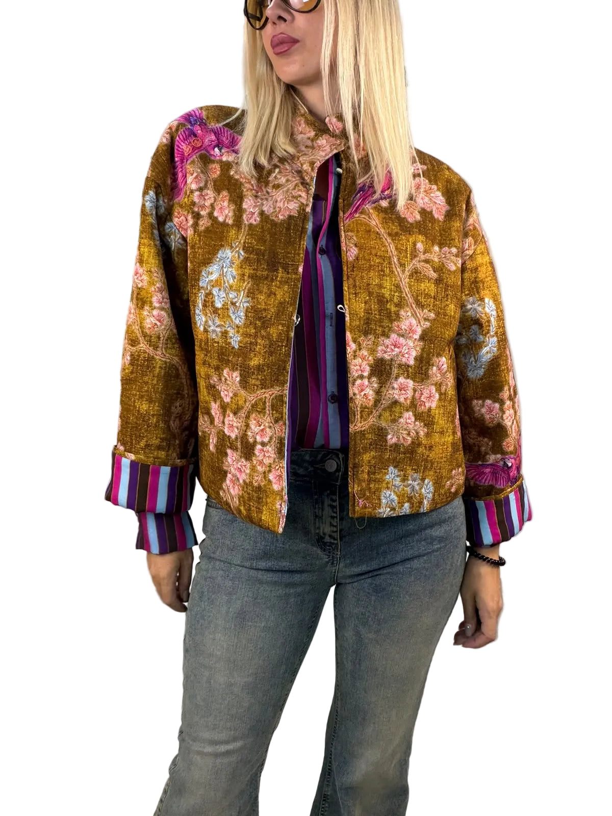 Haveone-Bomber fantasia pappagalli - celeste /cipria/fucsia