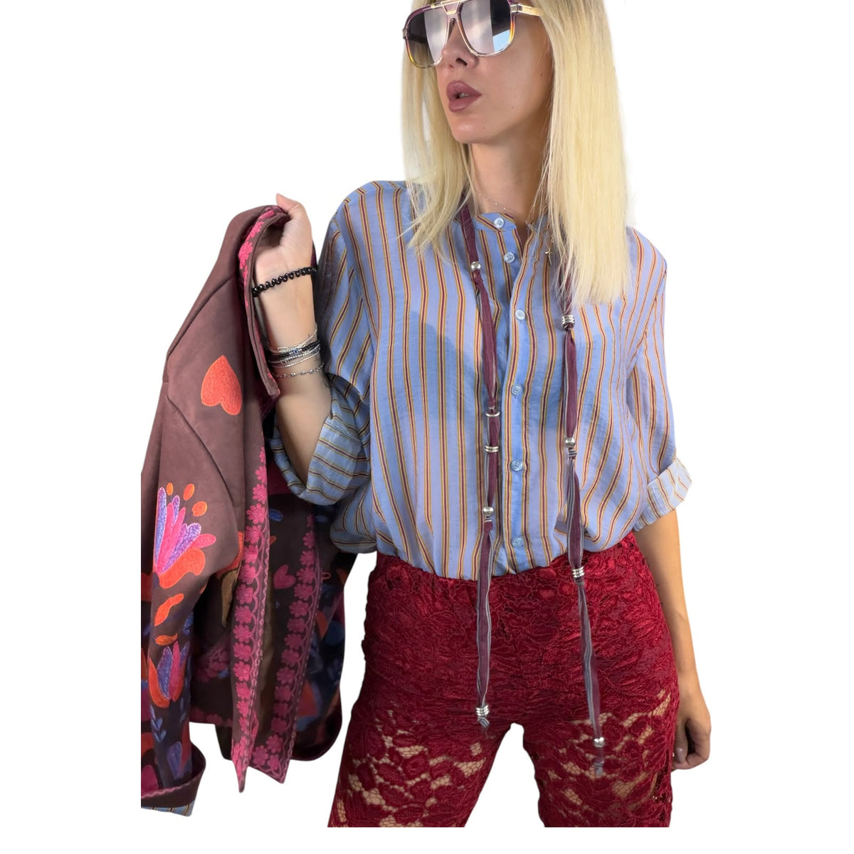 Haveone-Camicia a righe in mussola con collana - celeste/ocra