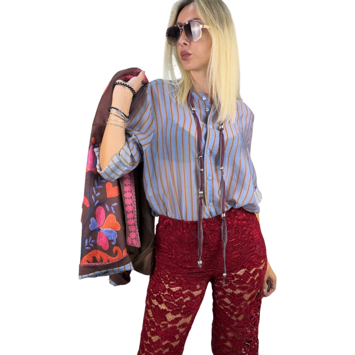Haveone-Camicia a righe in mussola con collana - celeste/ocra