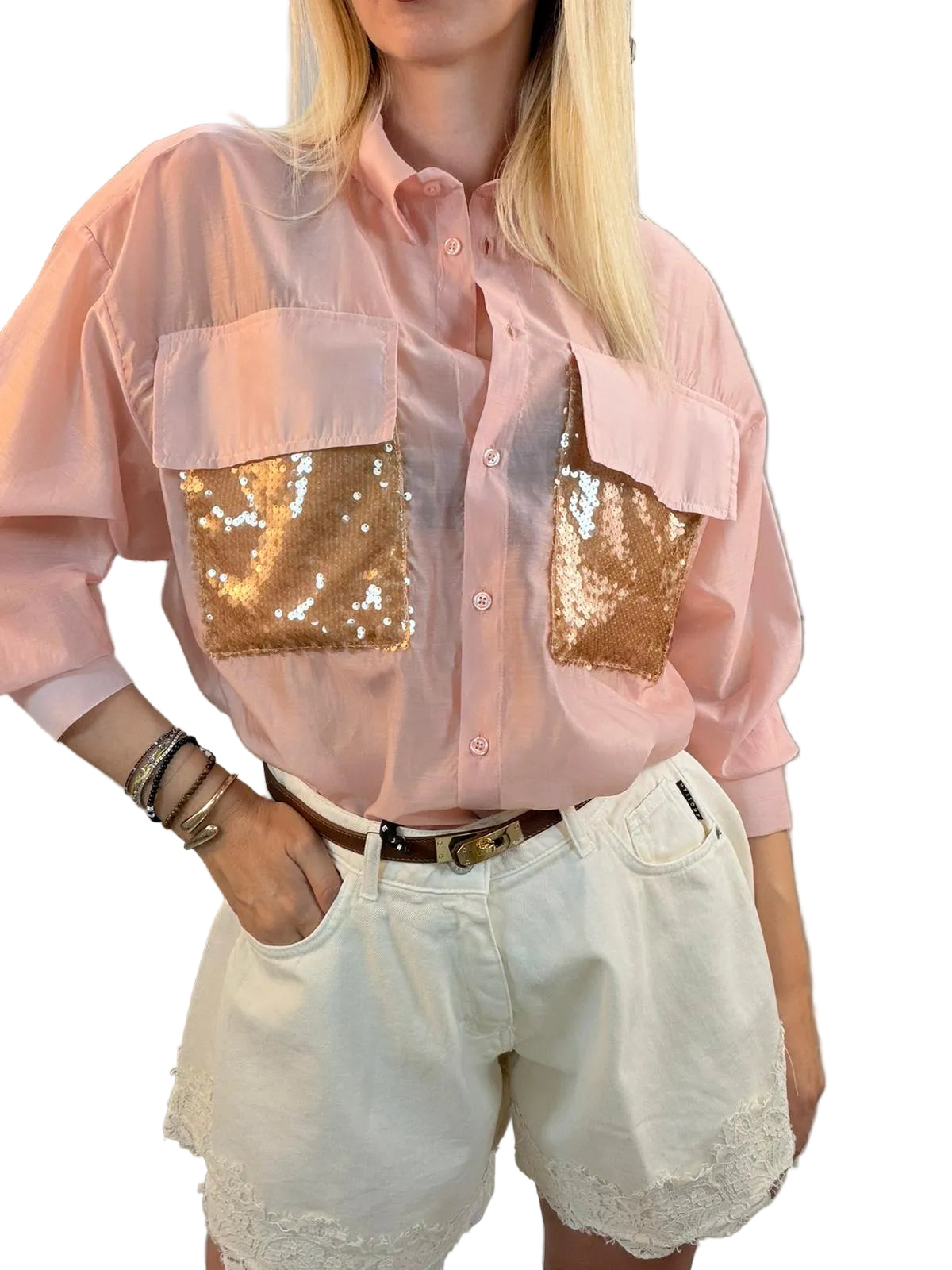 DIXIE - CAMICIA CIPRIA CON TASCHE IN PAILLETTES