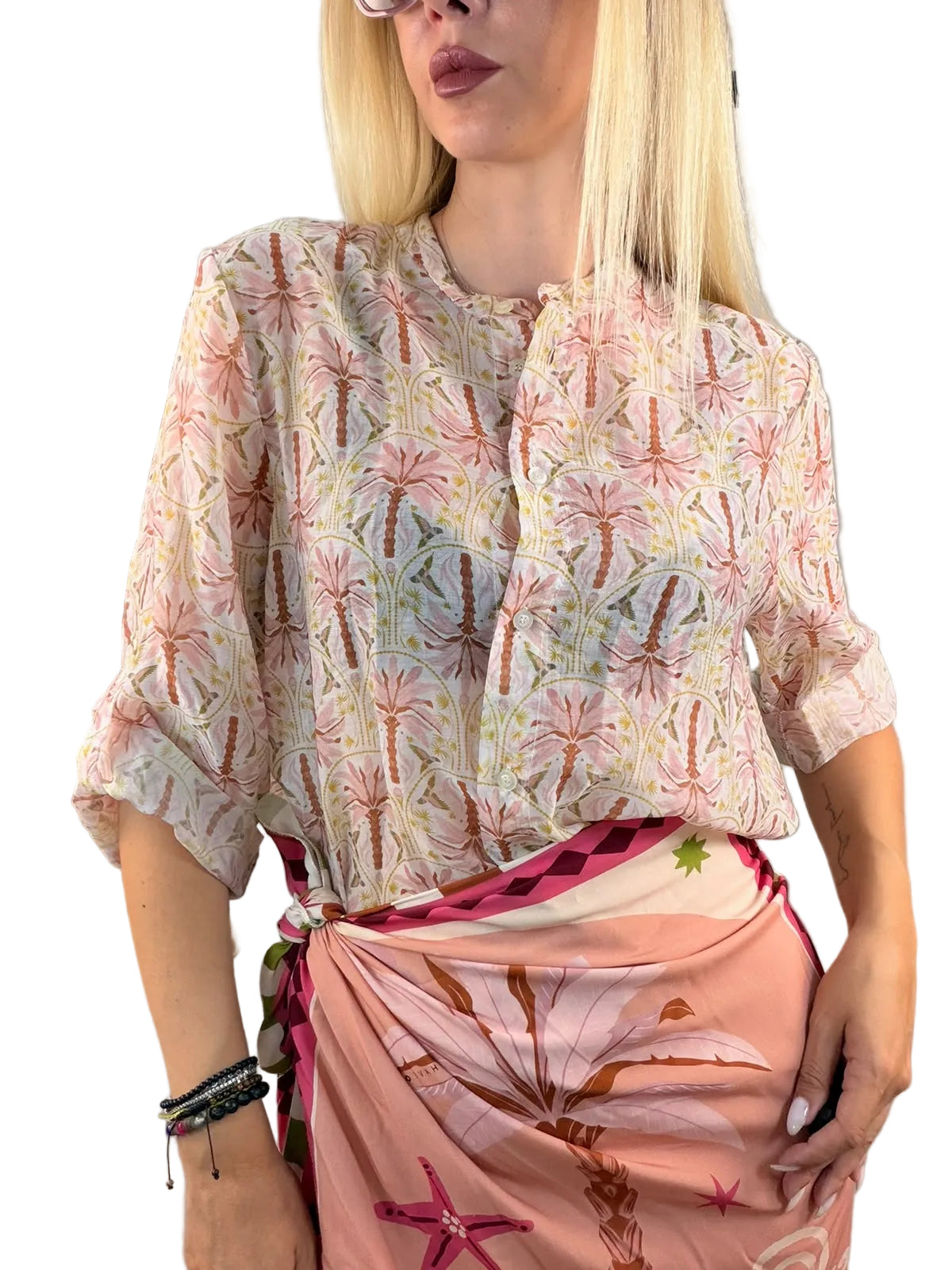 Camicia Palme all over rosa e olio - HaveOne