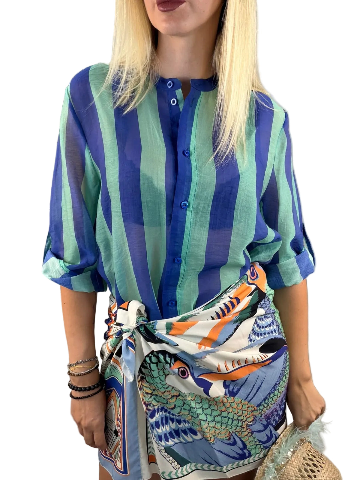 Camicia coreana righe verde acqua e blu HaveOne