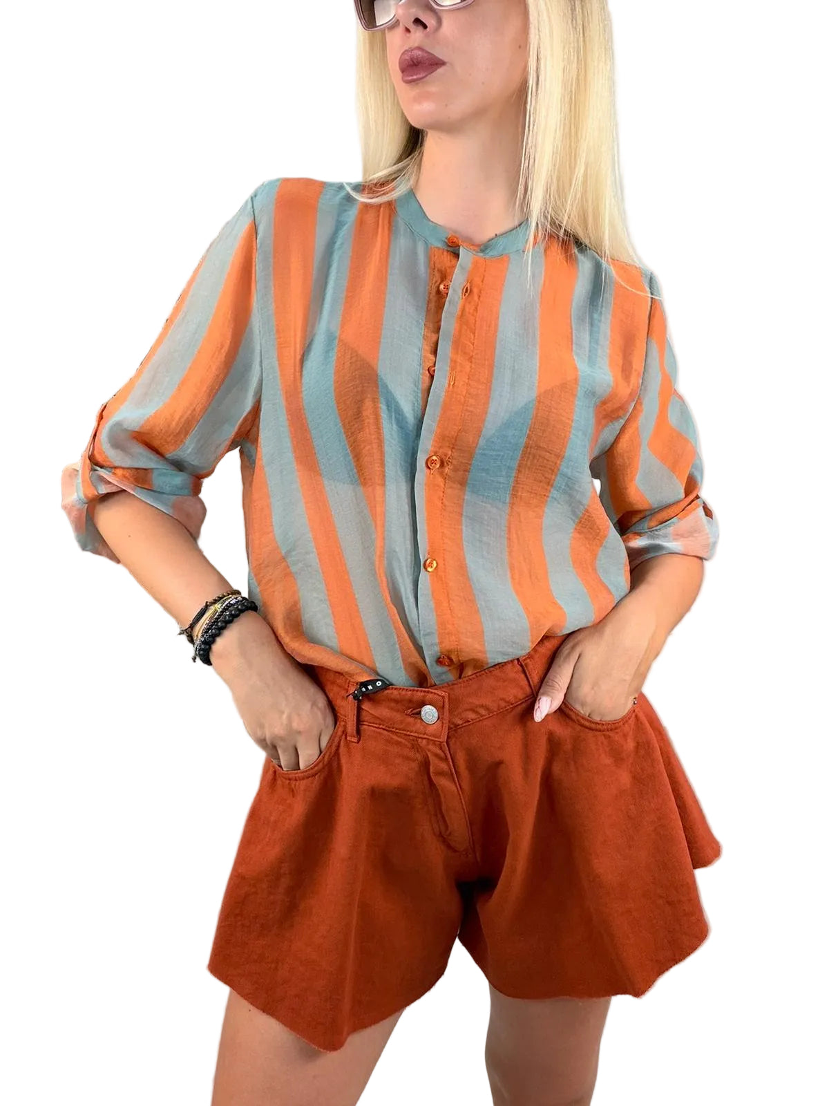 Camicia coreana fantasia righe carta da zucchero/arancio-HaveOne