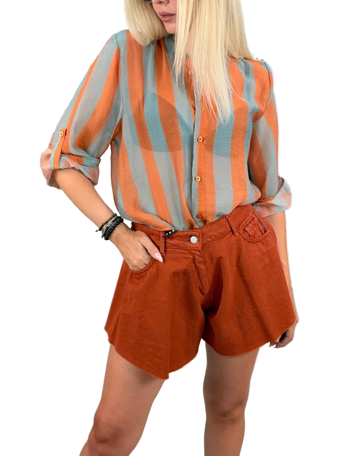 Camicia coreana fantasia righe carta da zucchero/arancio-HaveOne
