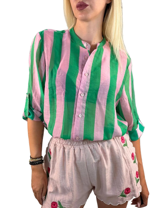 Camicia coreana fantasia righe Verde/Rosa-HaveOne