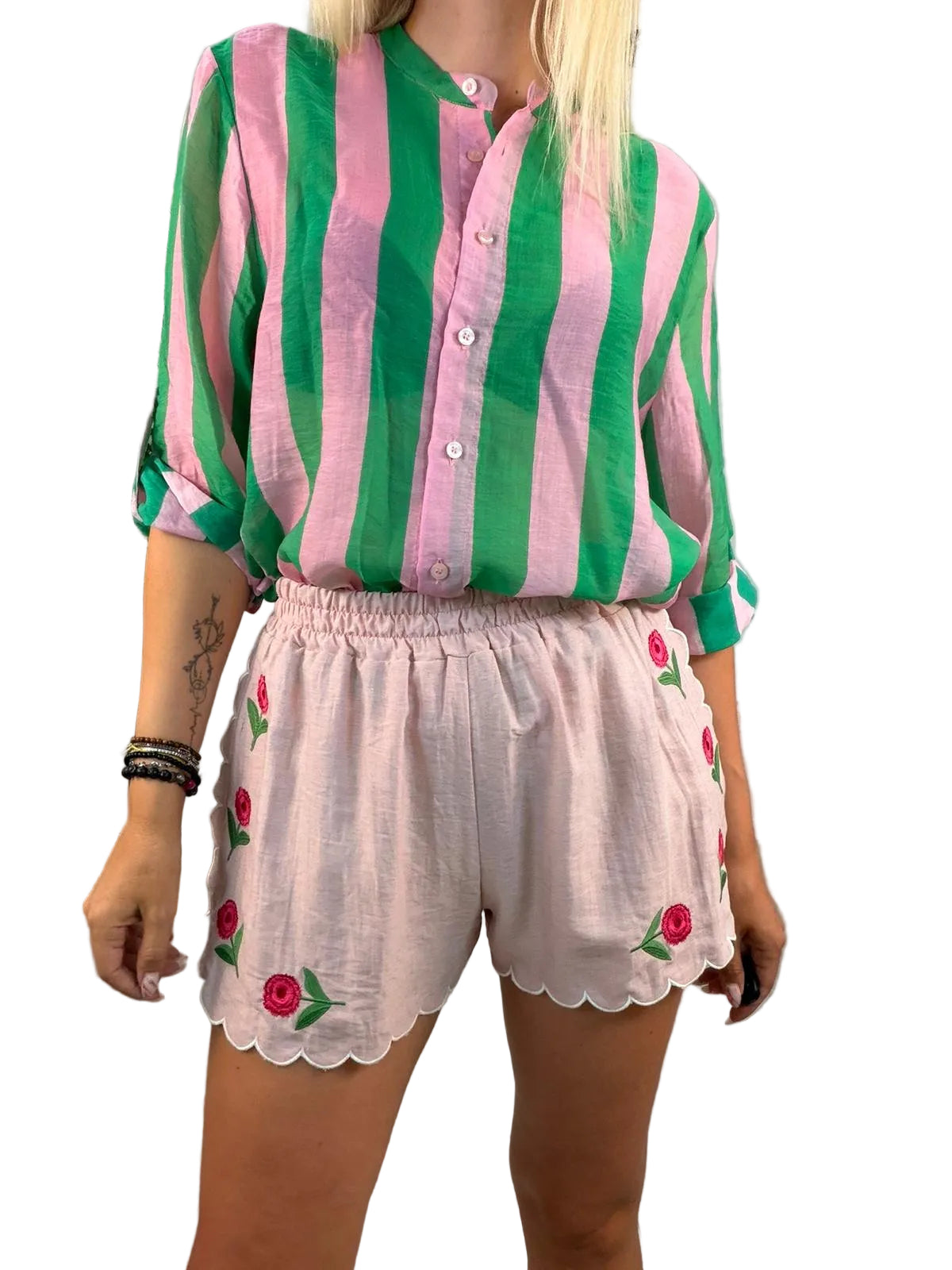 Camicia coreana fantasia righe Verde/Rosa-HaveOne