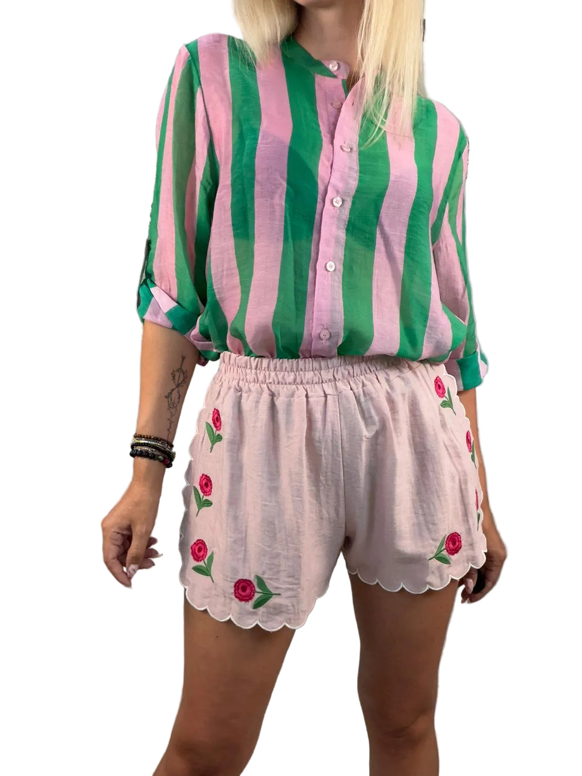 Camicia coreana fantasia righe Verde/Rosa-HaveOne