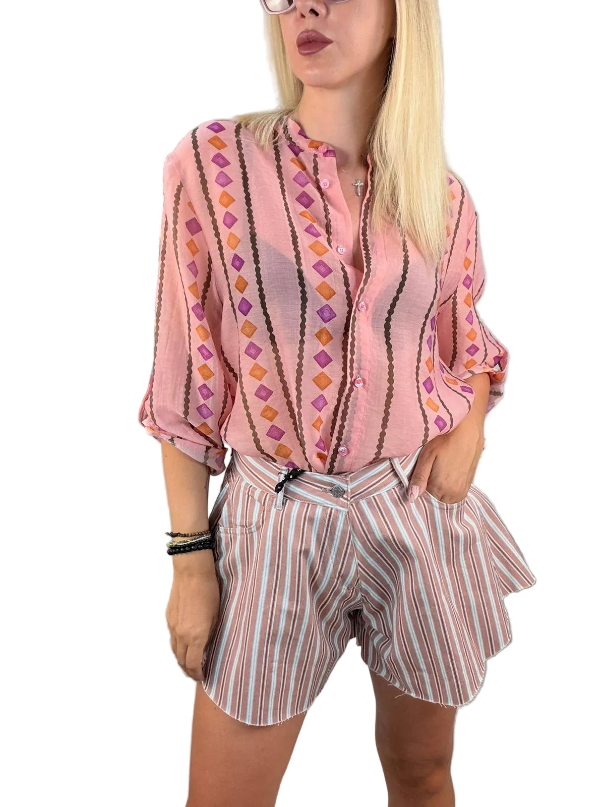 Shorts farfalla rigati blush, azzurro e bruciato - HaveOne