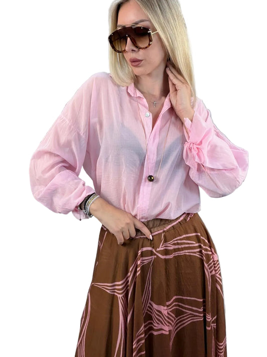 Camicia Susy Mix in Cotone con Fiocco e Collana - Rosa