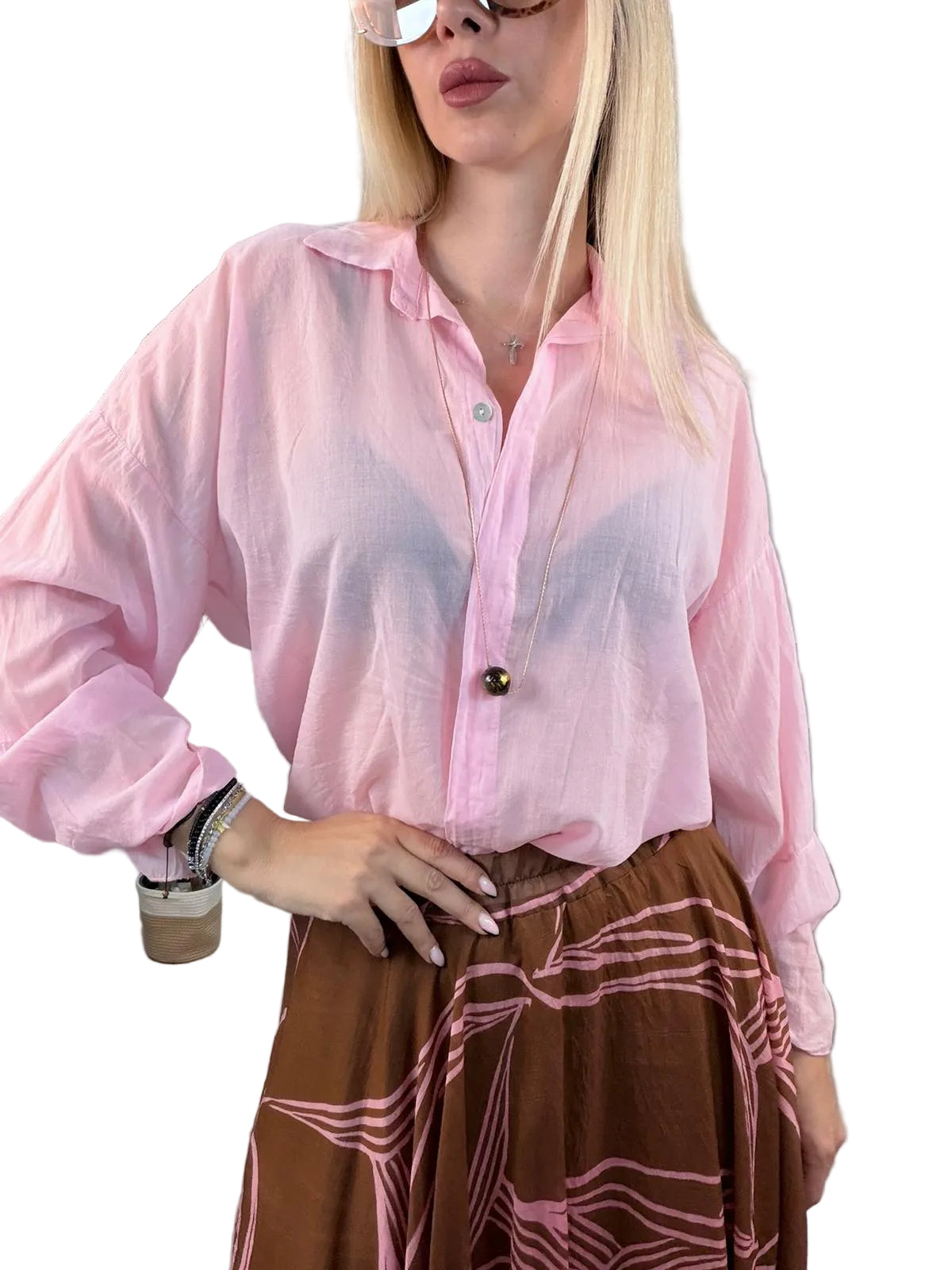 Camicia Susy Mix in Cotone con Fiocco e Collana - Rosa