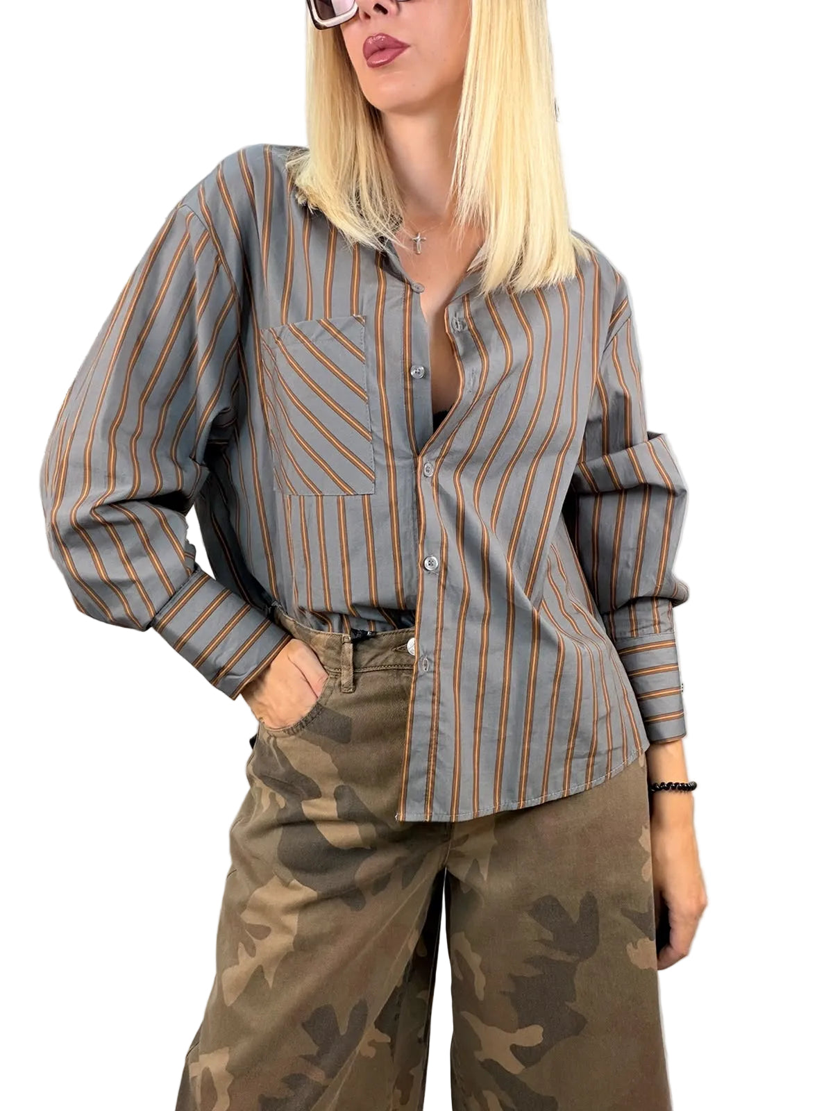 Camicia Oversize a Righe Grigio e Ocra Haveone
