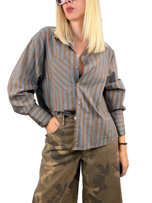 Camicia Oversize a Righe Grigio e Ocra Haveone