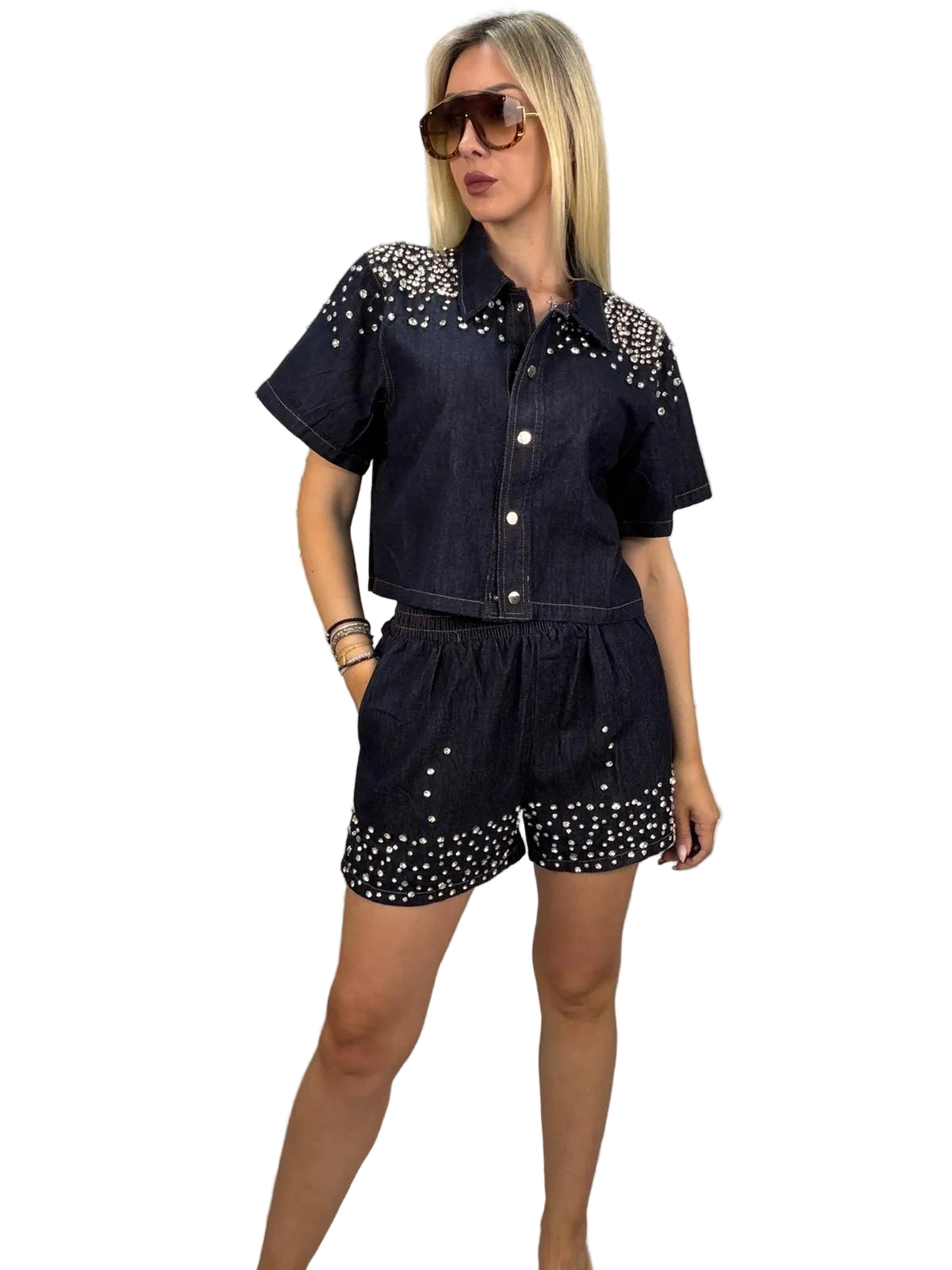 Completo Denim Camicia e Short con Strass – Susy Mix