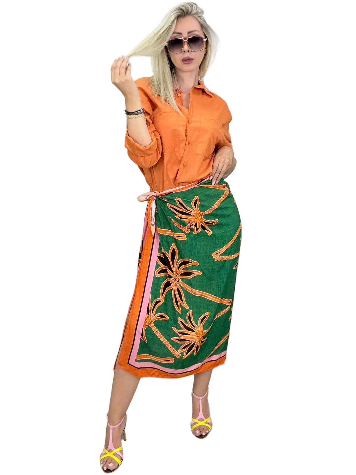 Gonna pareo Forest verde e arancio lunga - HaveOne