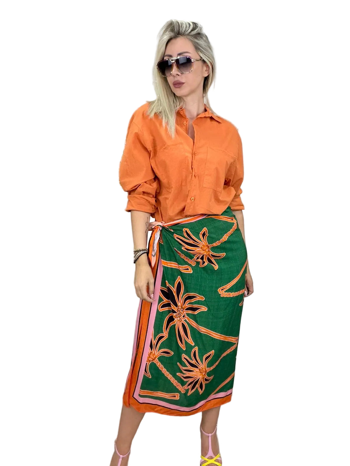 Gonna pareo Forest verde e arancio lunga - HaveOne