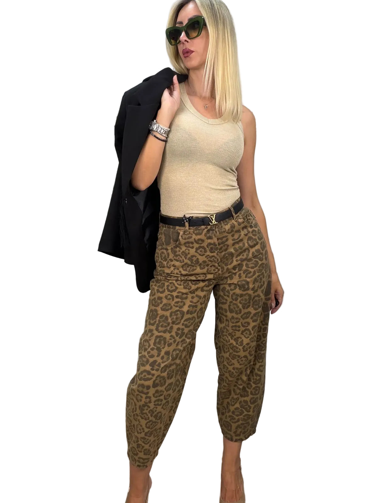 HaveOne-Pantalone balloon animalier - beige/nero