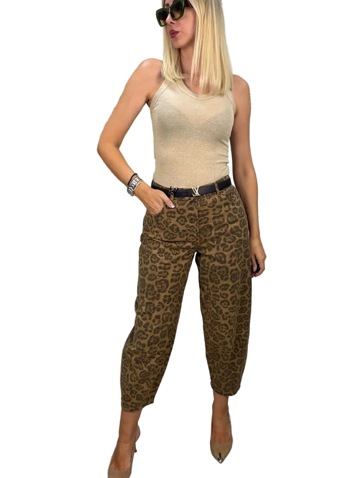 HaveOne-Pantalone balloon animalier - beige/nero