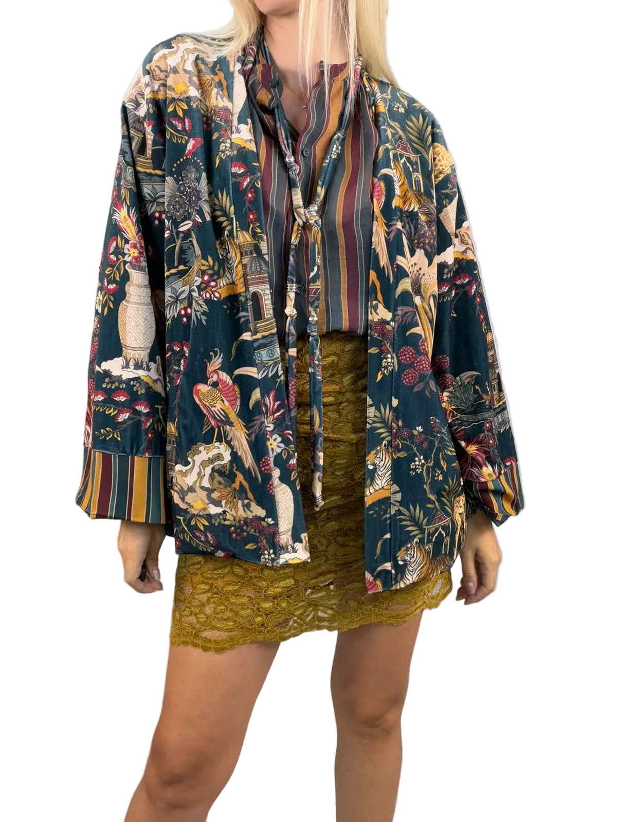 Haveone-Kimono in ciniglia fantasia jungle - verde/senape/vino