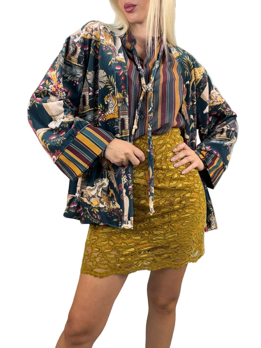 Haveone-Kimono in ciniglia fantasia jungle - verde/senape/vino