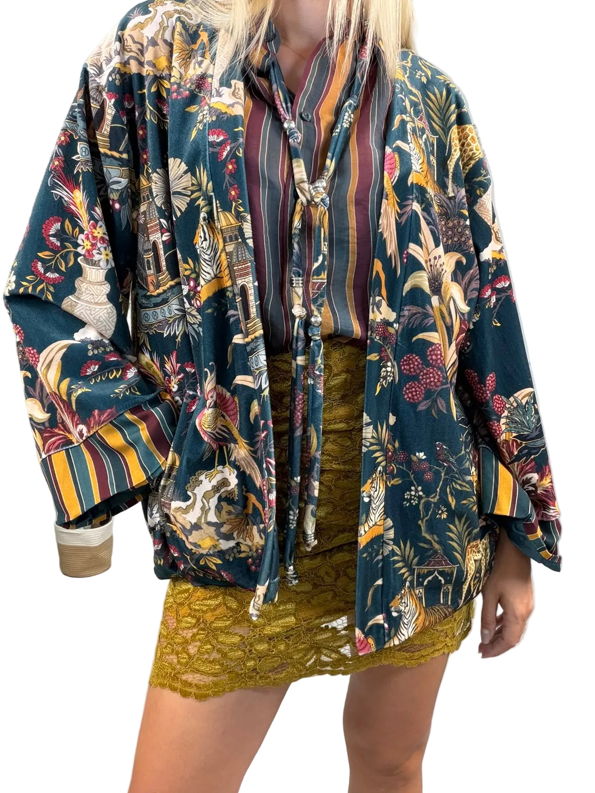Haveone-Kimono in ciniglia fantasia jungle - verde/senape/vino