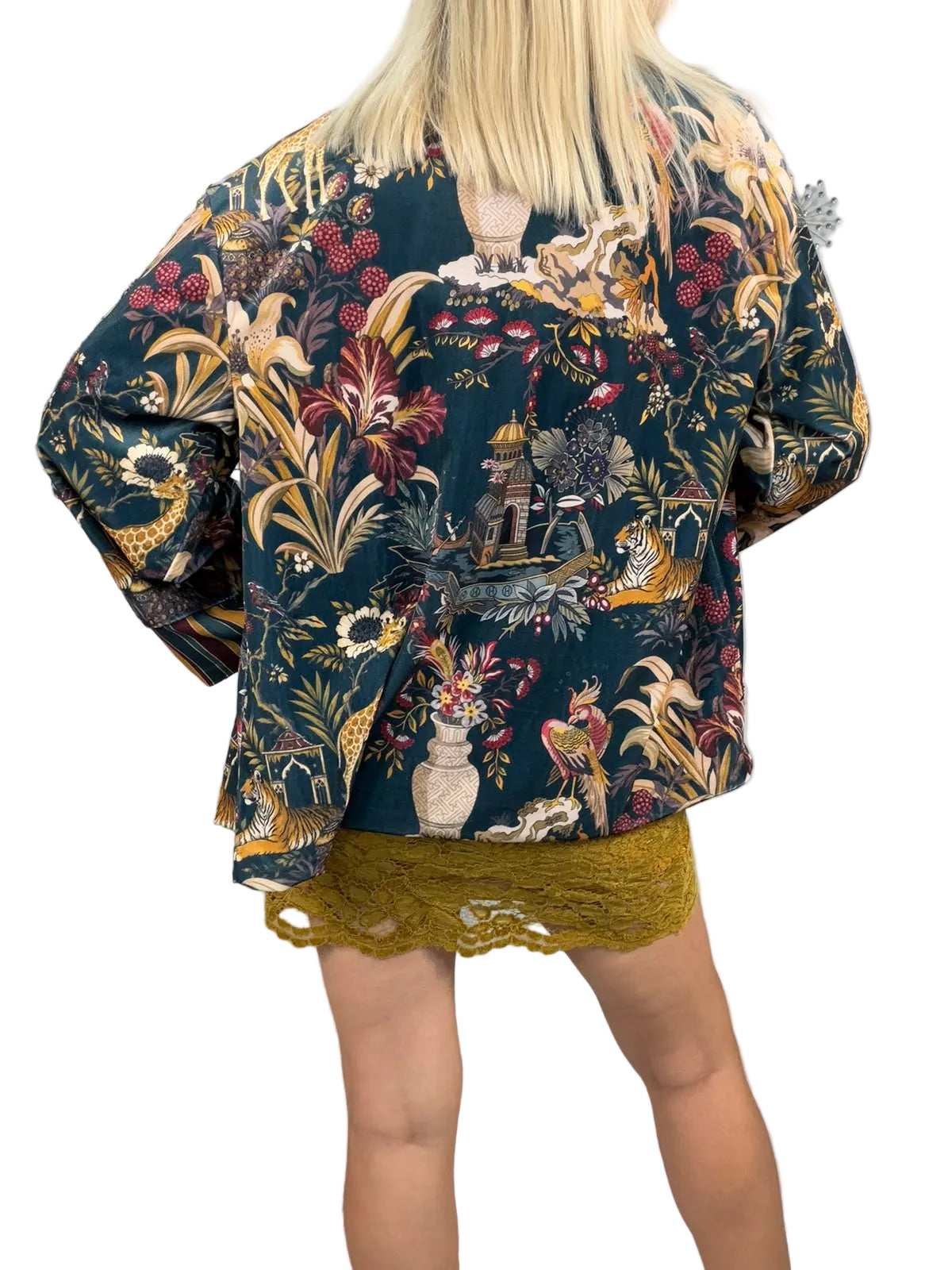 Haveone-Kimono in ciniglia fantasia jungle - verde/senape/vino