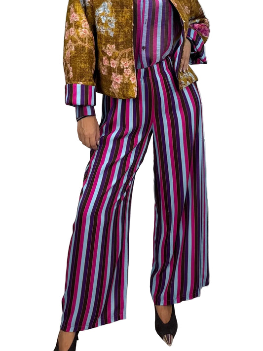 Haveone-Pantalone a righe elastico in vita - viola/fucsia/celeste