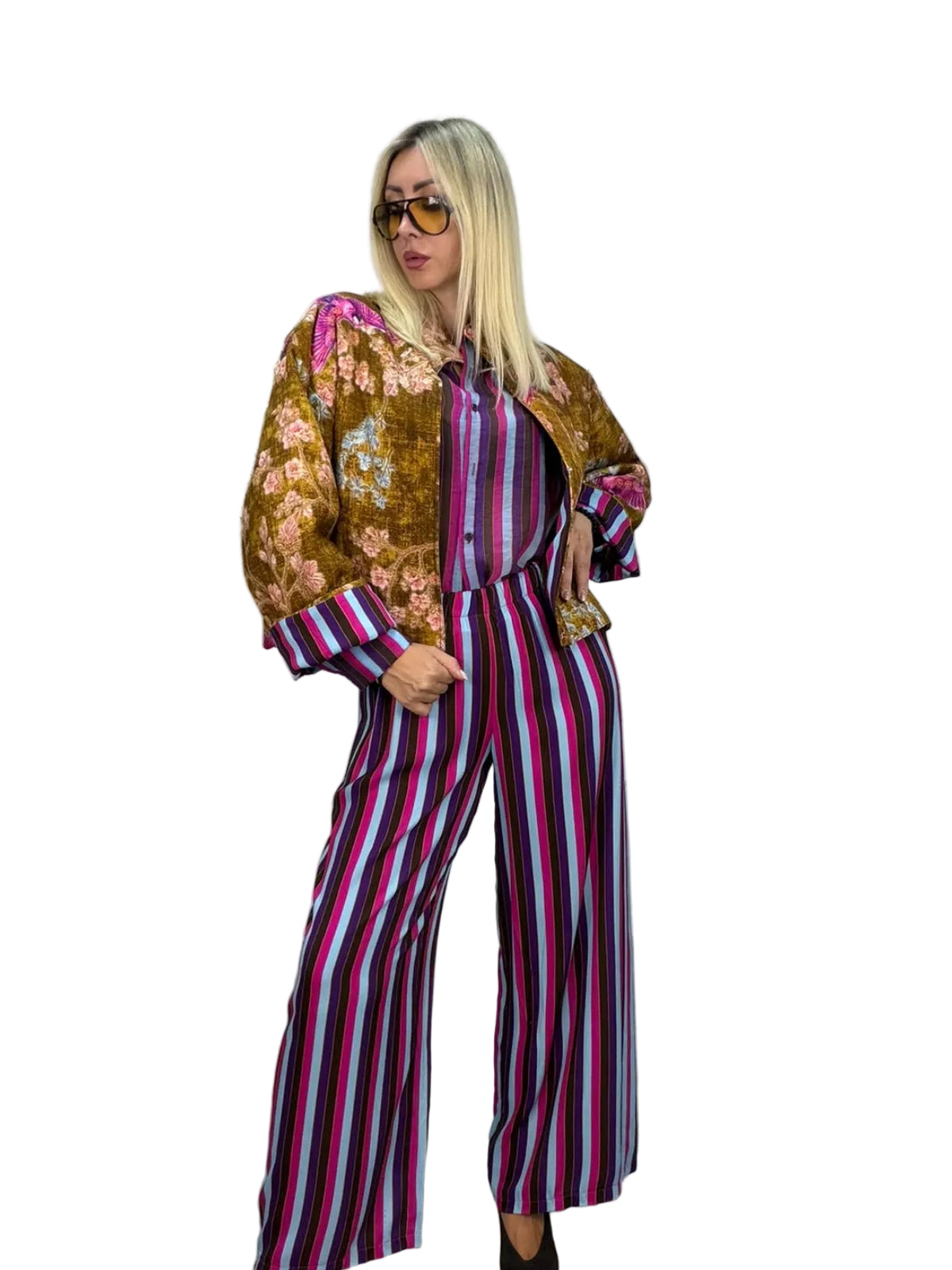 Haveone-Pantalone a righe elastico in vita - viola/fucsia/celeste