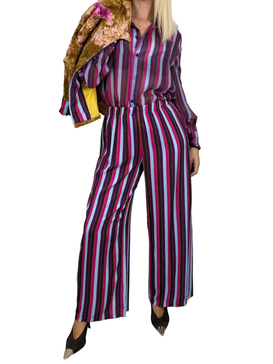 Haveone-Pantalone a righe elastico in vita - viola/fucsia/celeste