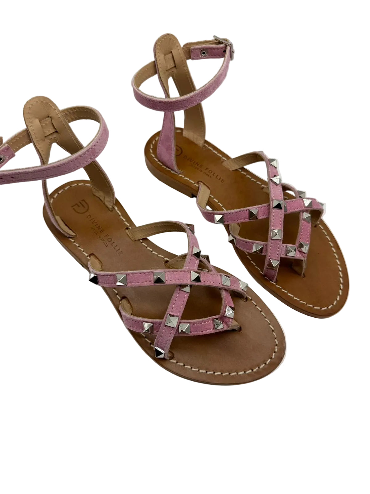 Sandali Infradito Divine Follie in Vero Cuoio – Rosa con Borchie