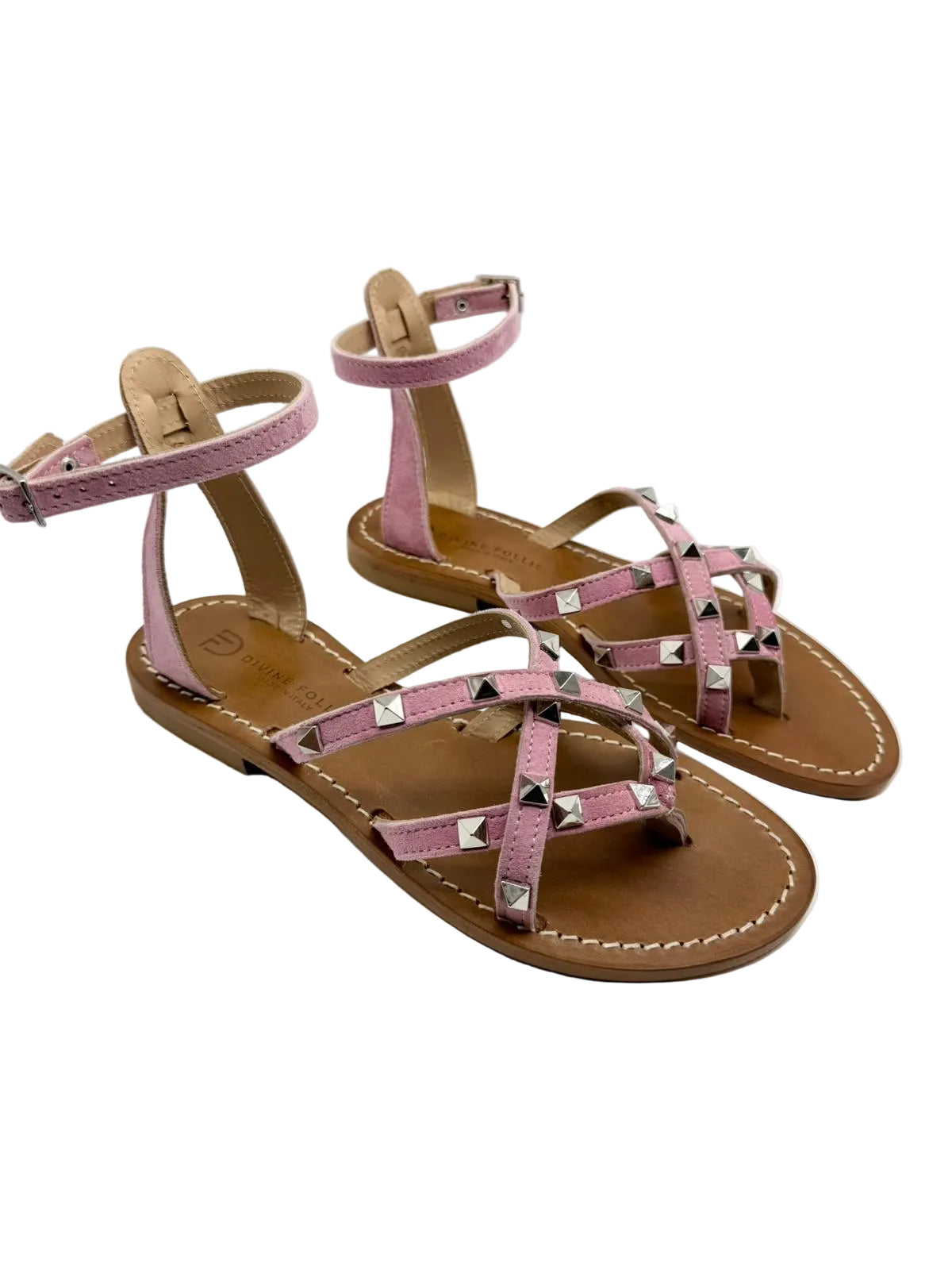 Sandali Infradito Divine Follie in Vero Cuoio – Rosa con Borchie