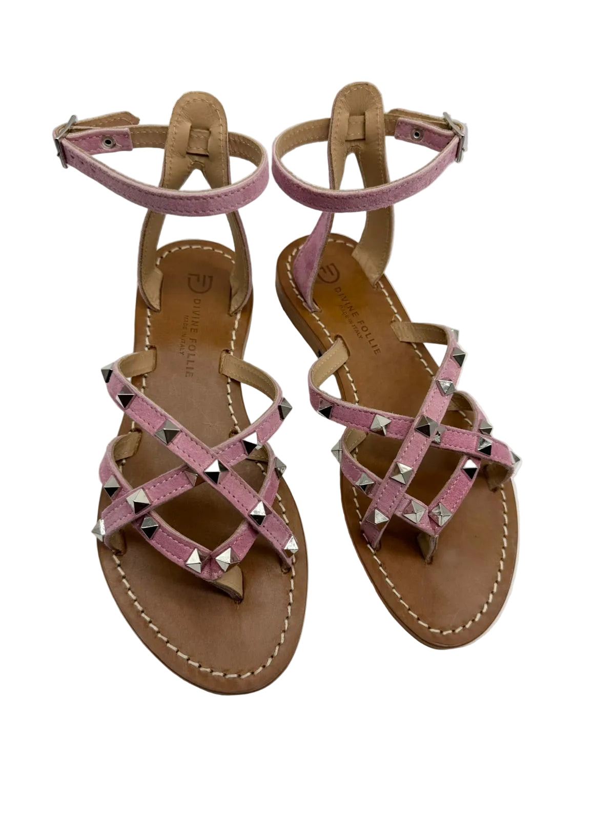 Sandali Infradito Divine Follie in Vero Cuoio – Rosa con Borchie