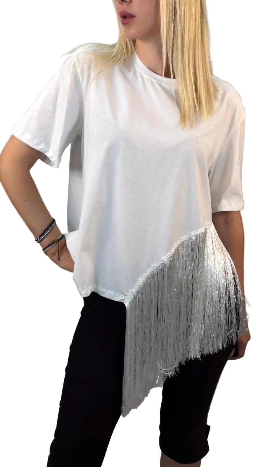 T-Shirt con Frange Susy Mix- Panna