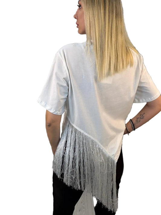 T-Shirt con Frange Susy Mix- Panna