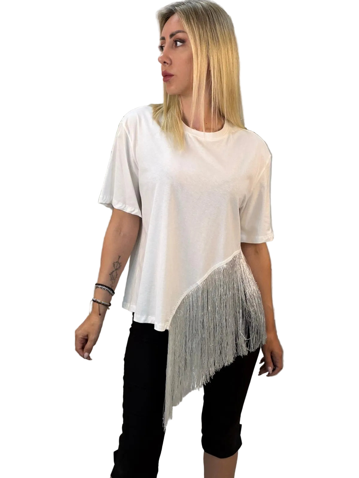 T-Shirt con Frange Susy Mix- Panna