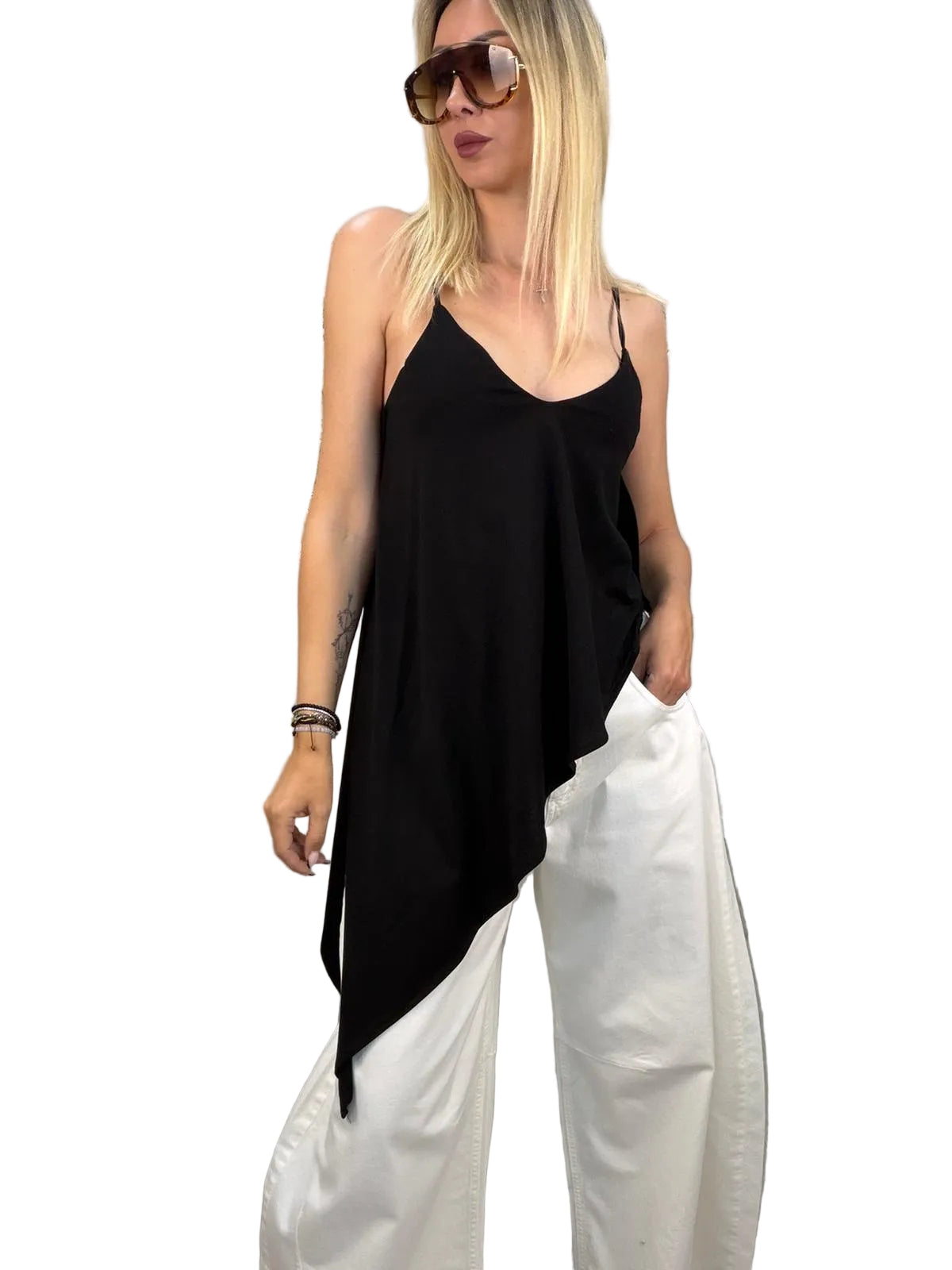 Top Asimmetrico Vicolo con Spalline Regolabili – Nero